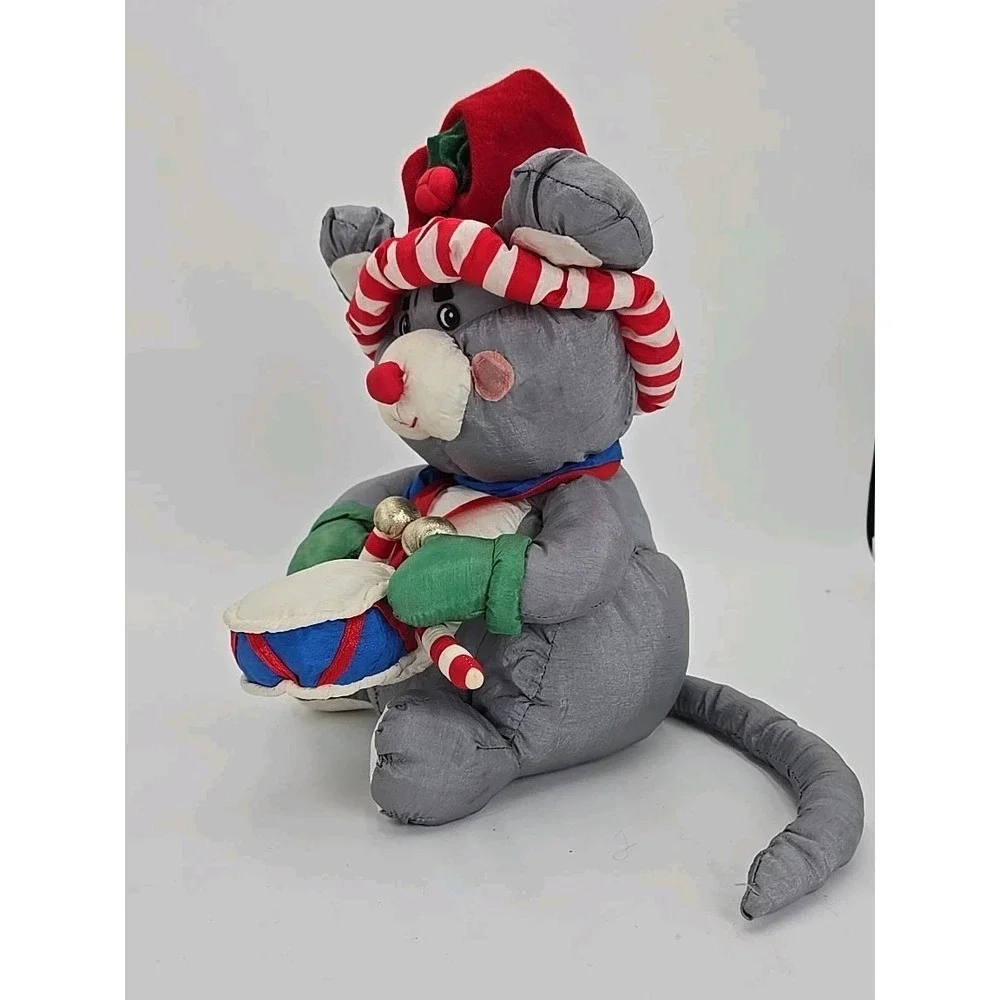 VTG Nylon Puffy Christmas Stuffy‎ Mouse Drum Plush Animal 90s **READ**
